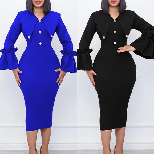 C8608 New Arrival Winter Dresses Women Casual Elegant Flared Sleeve Ladies Office Dress African Church Dresses for Women