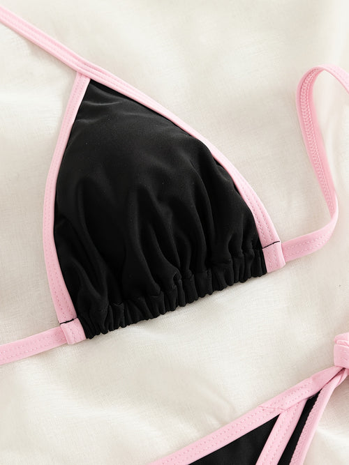 Contrast Trim Tie Side 2 Piece Bikini Swimsuit, Triangle Halter Tie Back Neck Stretchy Beachwear, Cute & Sexy, Women's Swimwear & Clothing